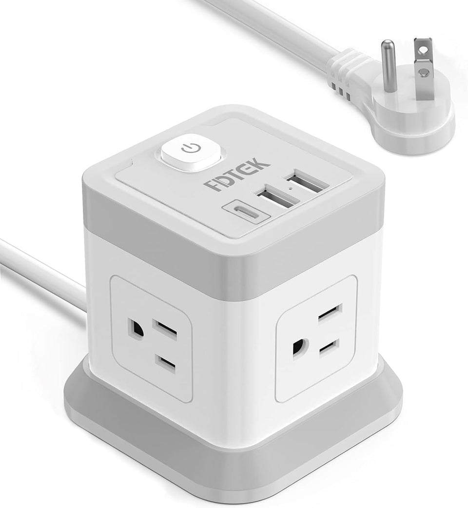 FDTEK power strip with USB-C and four outlets powers multiple devices efficiently.
