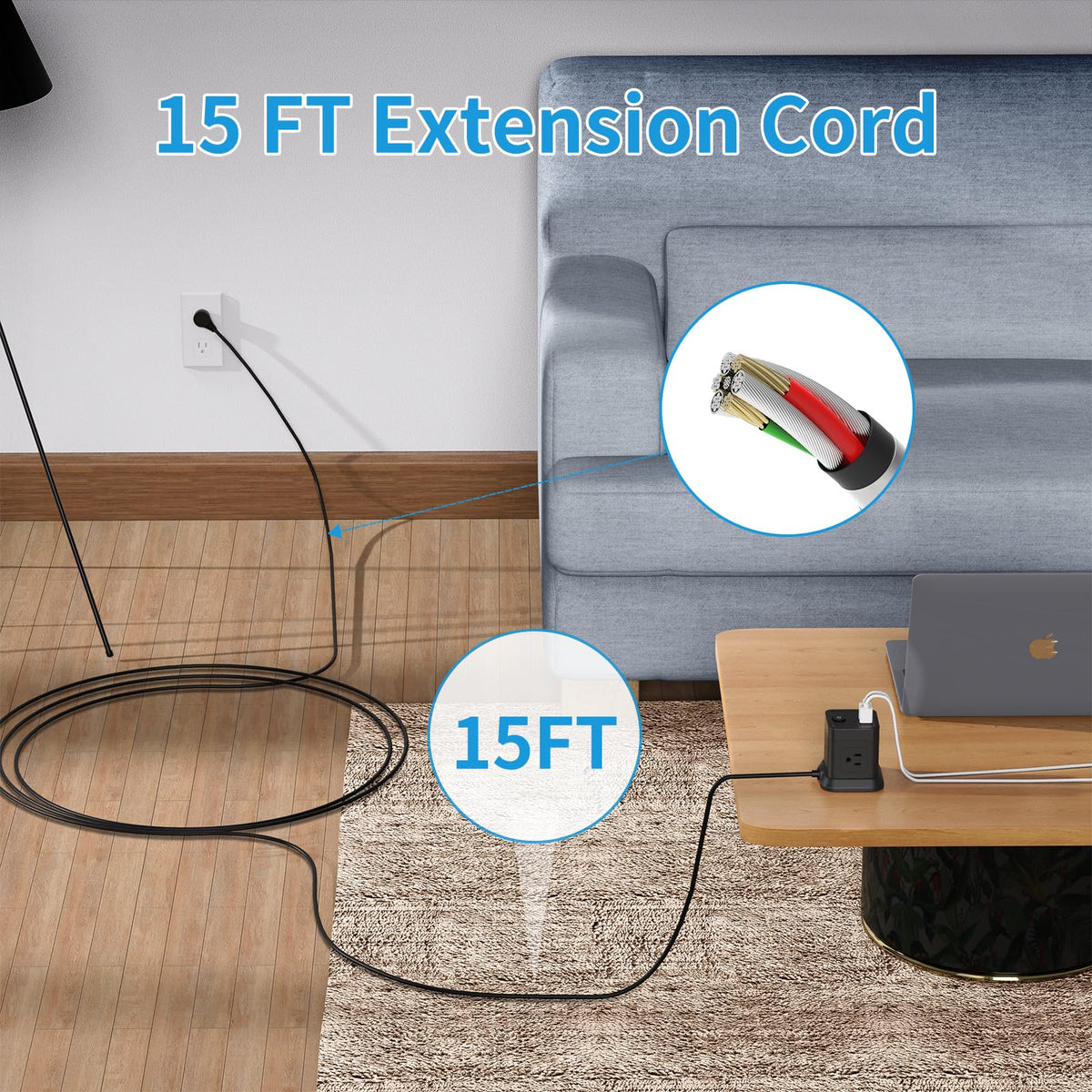 FDTEK top view showing four widely spaced outlets that fit large adapters easily