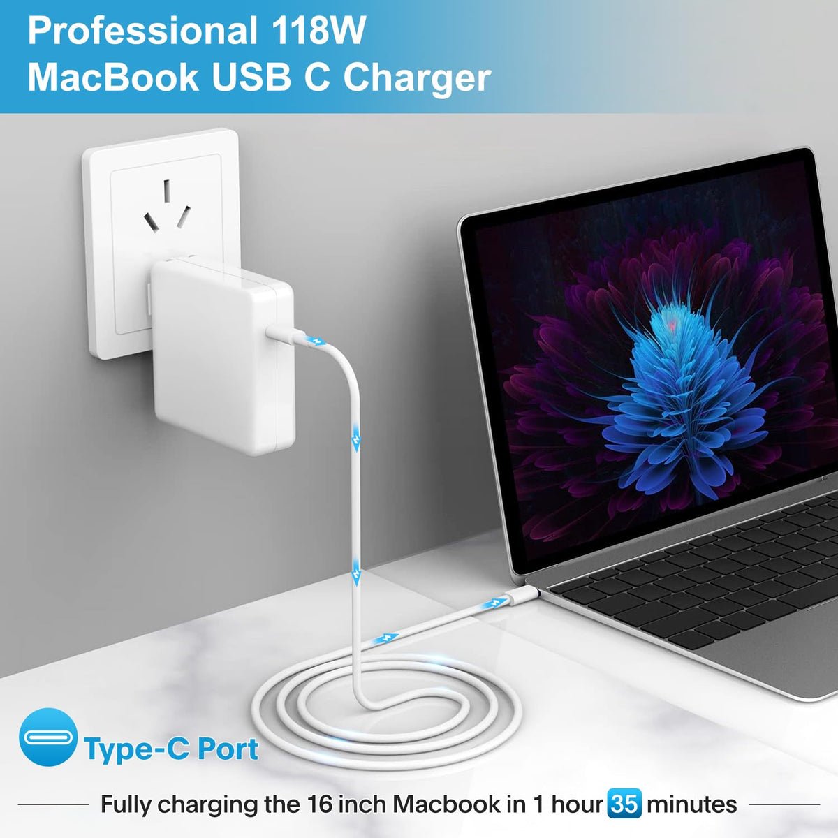 Feedyor 118W charger side view, slim profile for clutter-free setup.