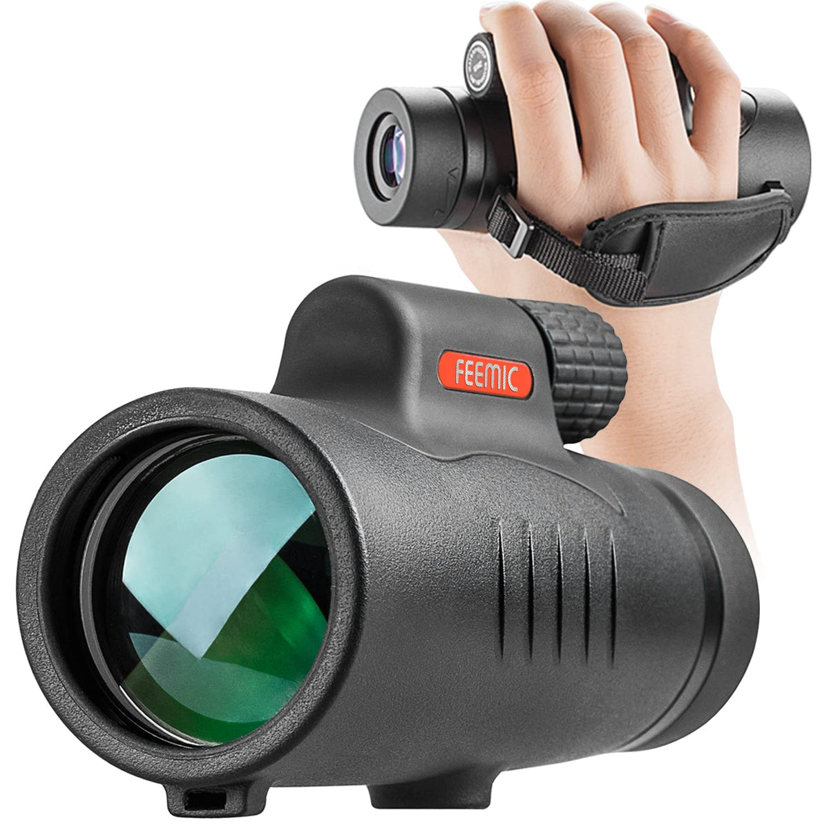 FEEMIC front view showing monocular body and lens, highlights portability and build