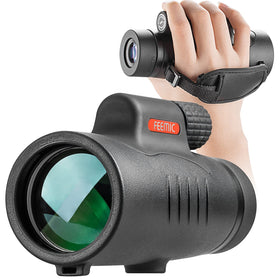 FEEMIC front view showing monocular body and lens, highlights portability and build