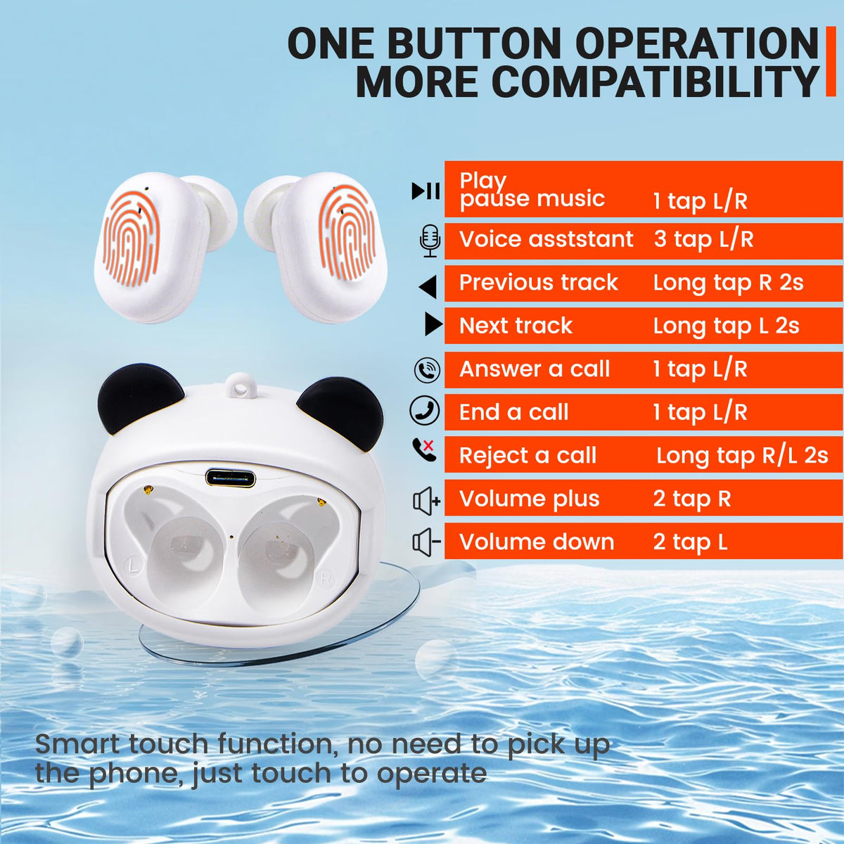 FEFURS Panda earbuds up to 5 hours playtime with portable case.