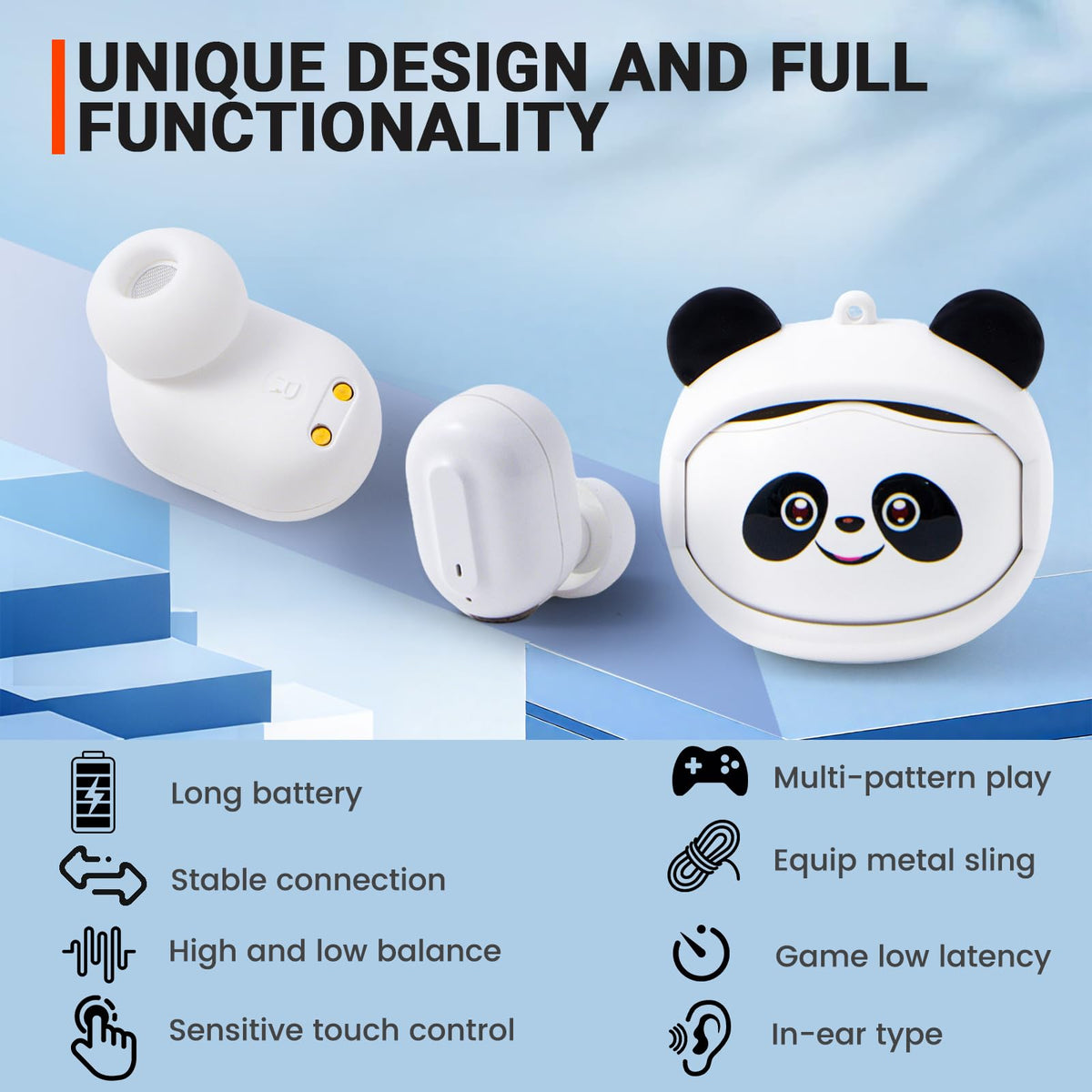 FEFURS Panda earbuds Bluetooth 5.4 for fast pairing and stable connections.