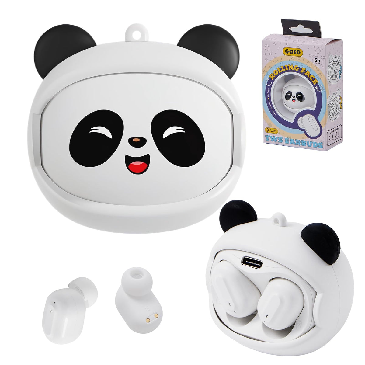 FEFURS Panda earbuds with rotating case for easy on-the-go charging.