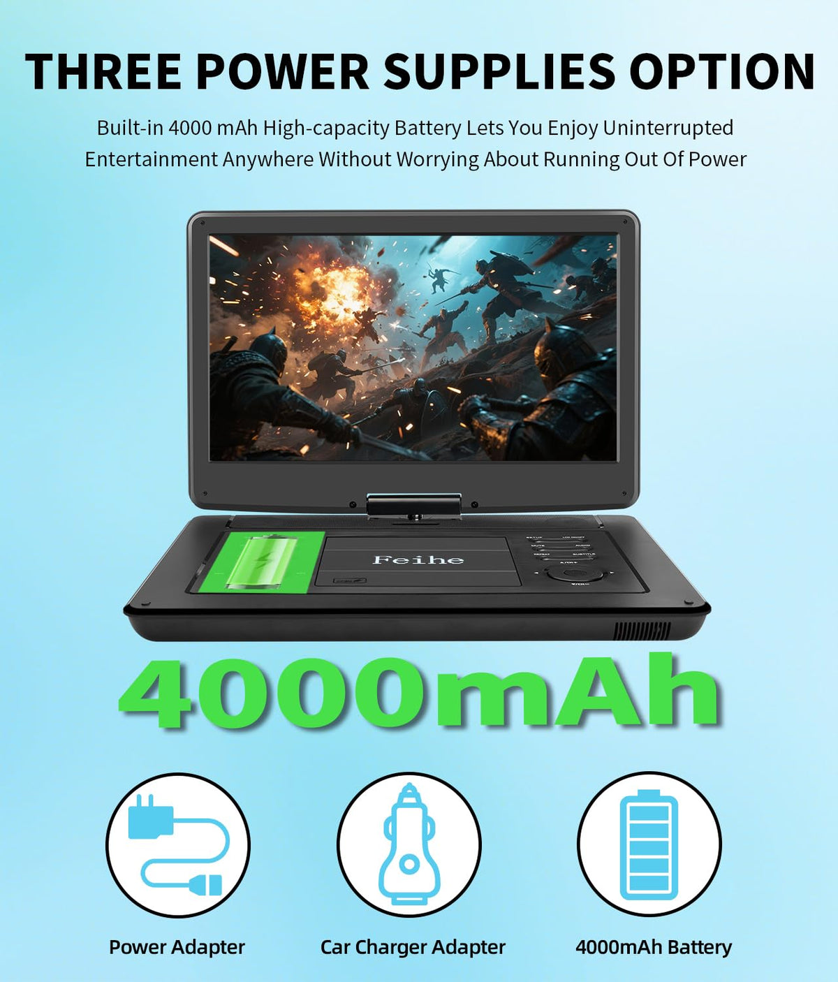 Feihe portable DVD TV battery power keeps entertainment portable.