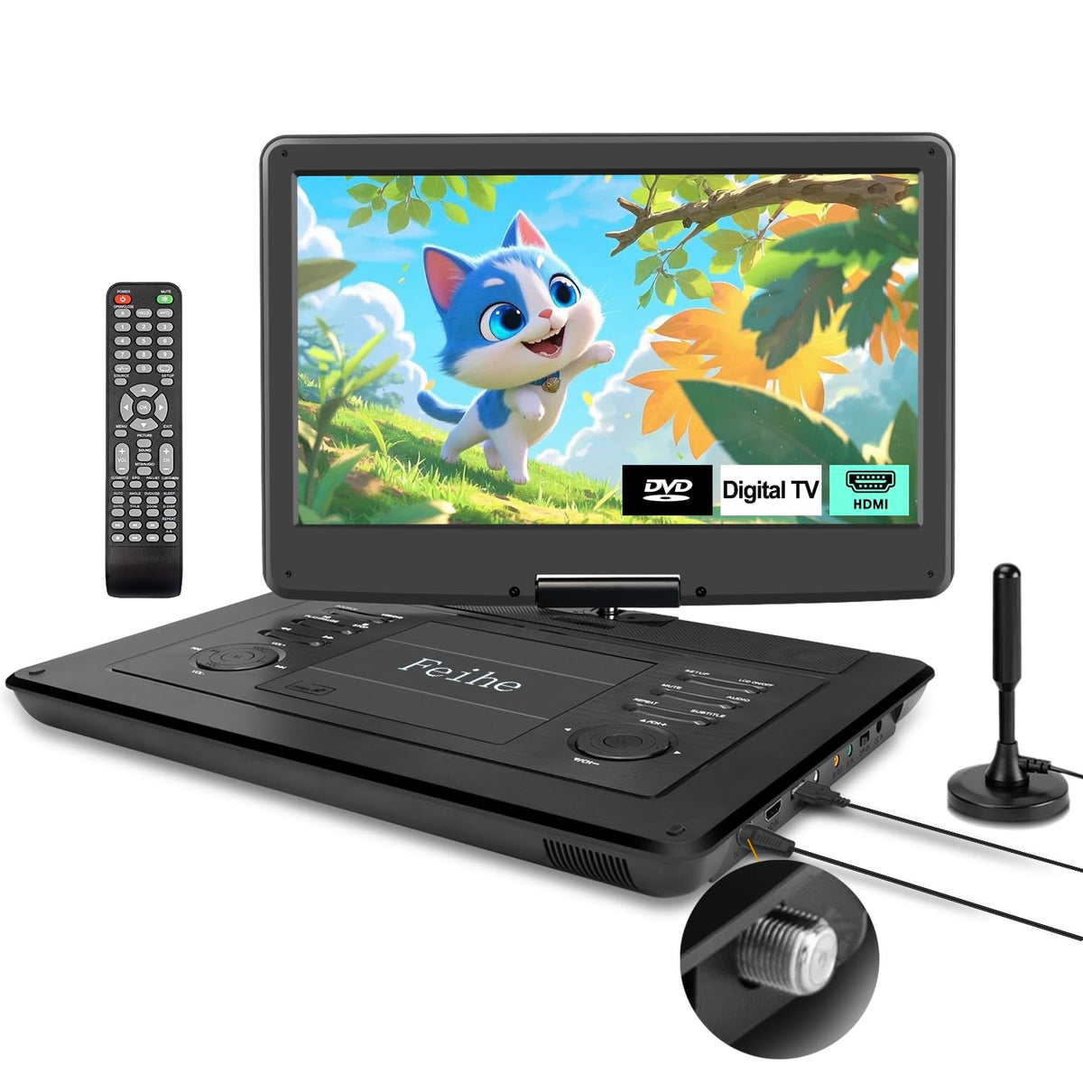 Feihe portable DVD TV front view enables on-the-go entertainment.