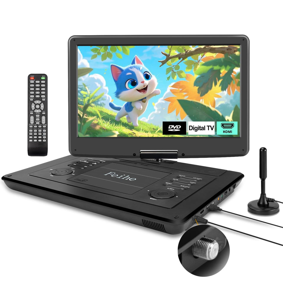Feihe portable DVD TV front view enables on-the-go entertainment.