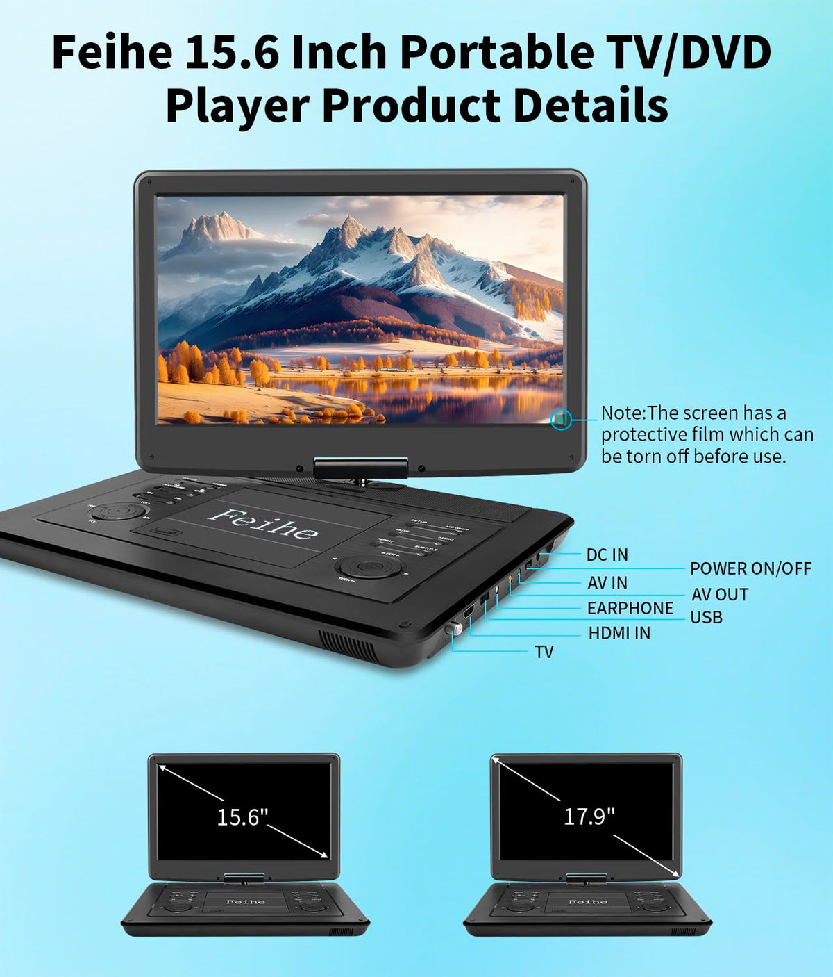 Feihe portable DVD TV HD screen delivers crisp visuals and vivid colors.