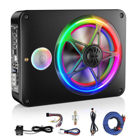 Feikeer 1200W subwoofer front view with RGB LED ring syncing to rhythm