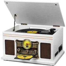 FEKTIK 10-in-1 front view shows vintage-modern cabinet and built-in speakers for versatile listening