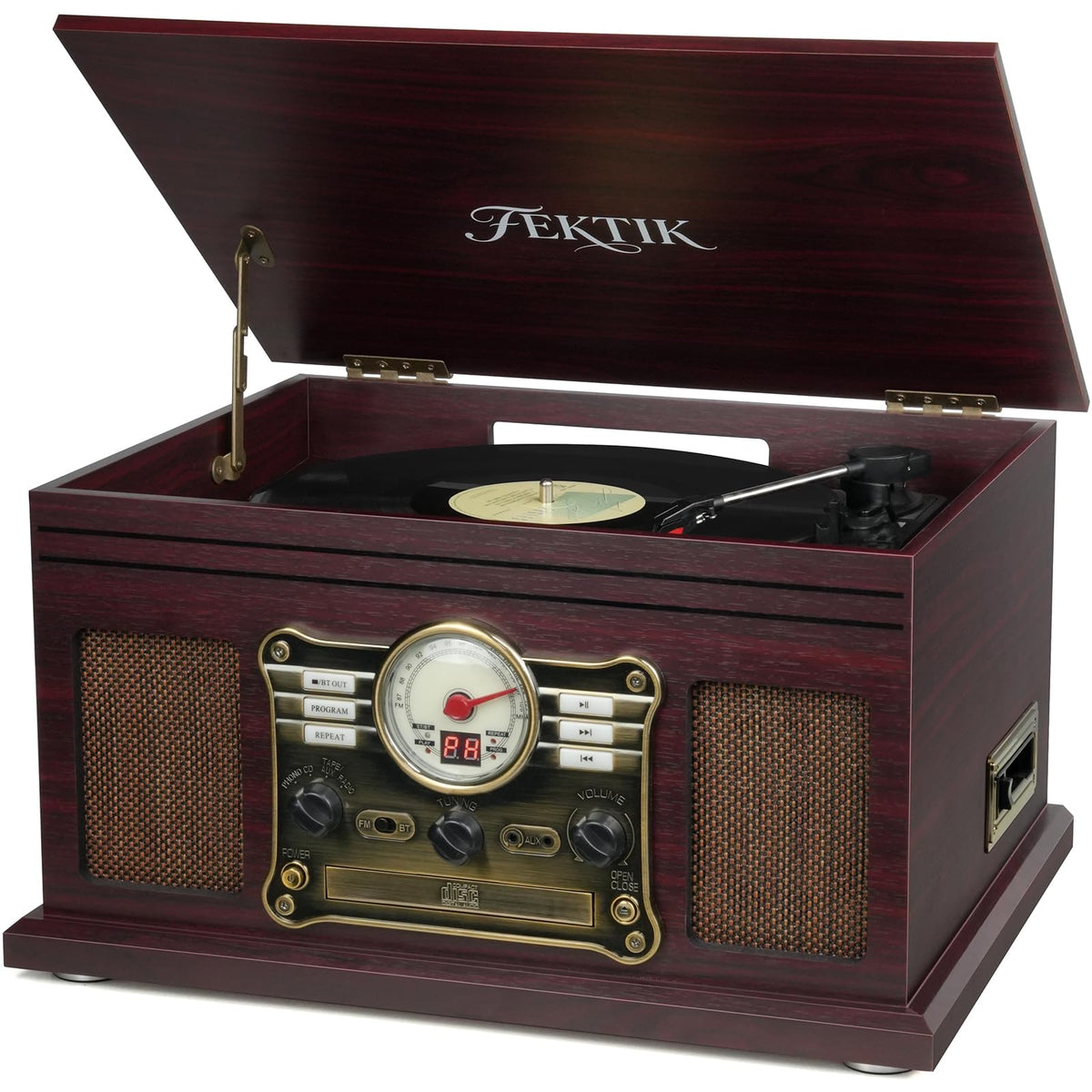 FEKTIK Bluetooth Record Player front view with mahogany finish and built-in speakers for immediate listening.