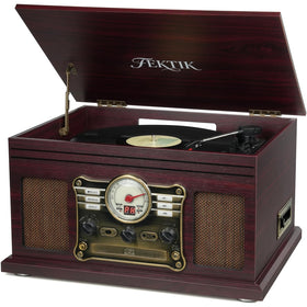 FEKTIK Bluetooth Record Player front view with mahogany finish and built-in speakers for immediate listening.