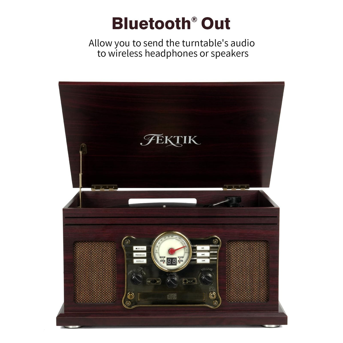 FEKTIK built-in speakers offer balanced sound for vinyl listening without external gear.
