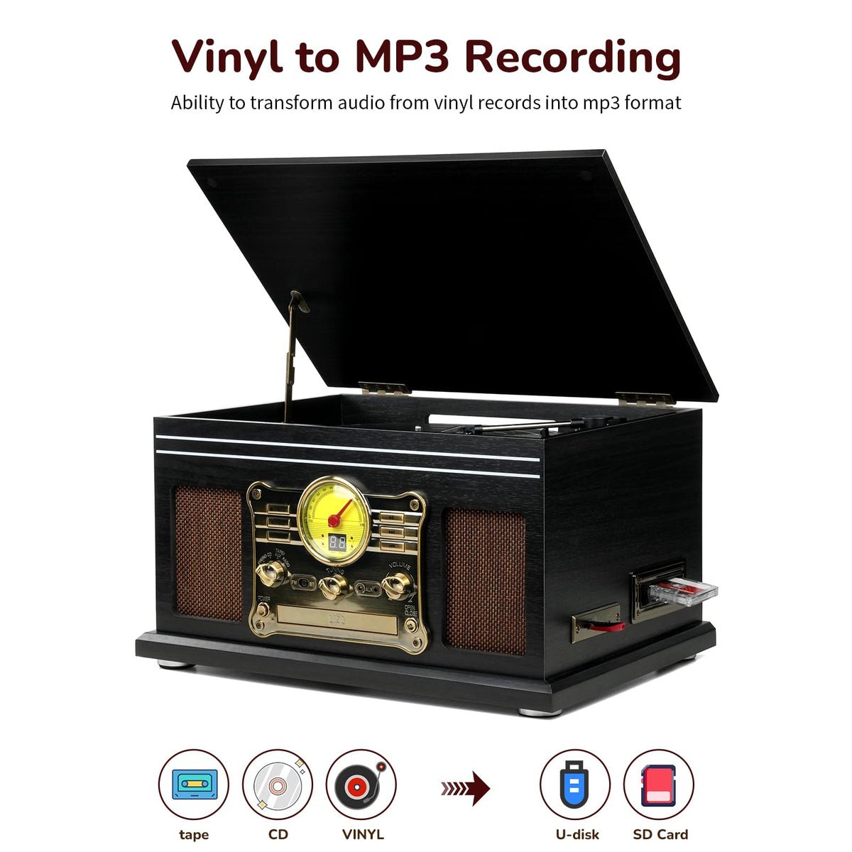 FEKTIK CD player inset highlights multi-format media playback at a desk.