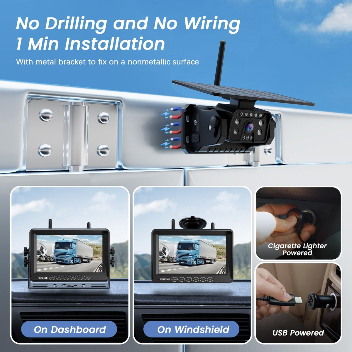 FEISIKE 7-inch 1080P monitor provides clear road viewing.