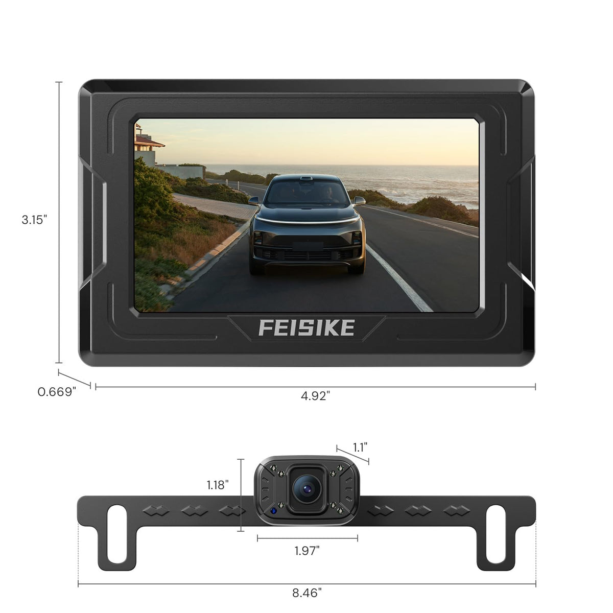 FEISIKE video-power cable and connector detail showing plug-and-play simplicity