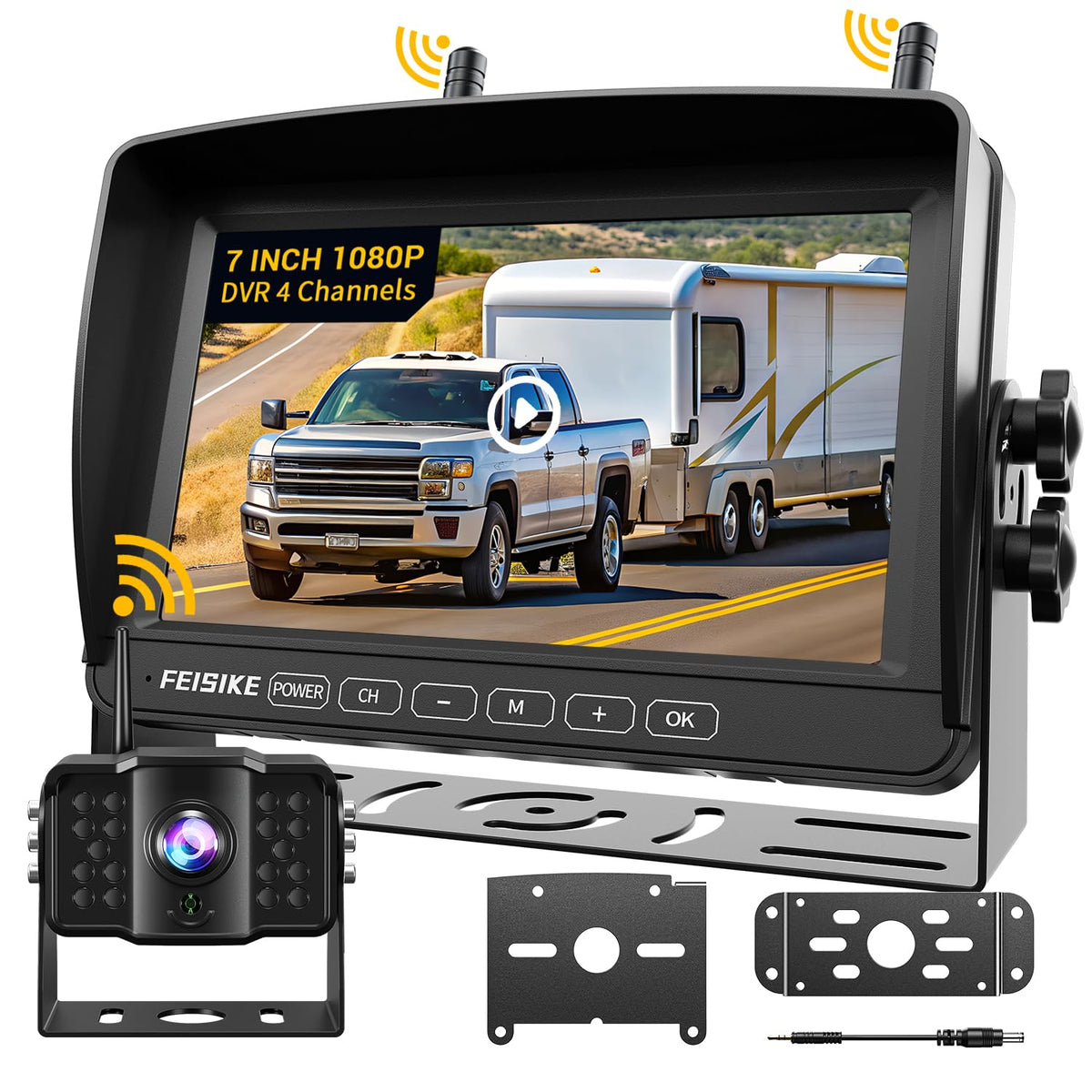 FEISIKE wireless backup camera with 7-inch monitor – front view for confident reversing