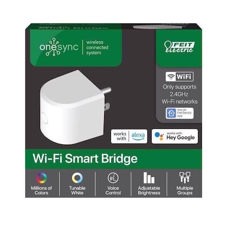 Feit Electric OneSync bridge front view showing compact white hub and easy placement benefit