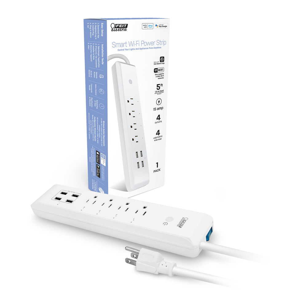 Feit Electric front view showing 4 outlets and 4 USB ports for organized power