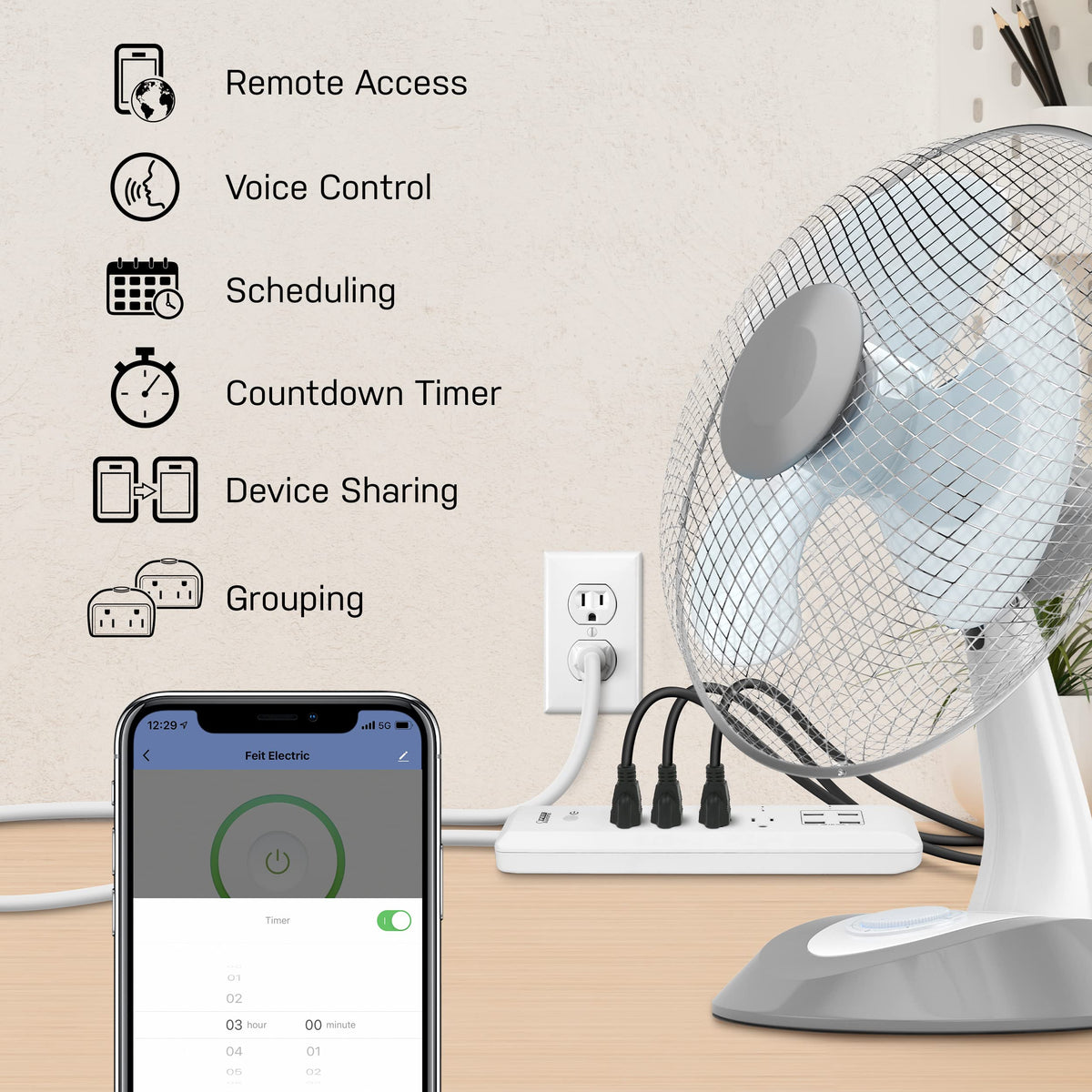 Feit Electric power strip powering lamp and charger in a living room setup