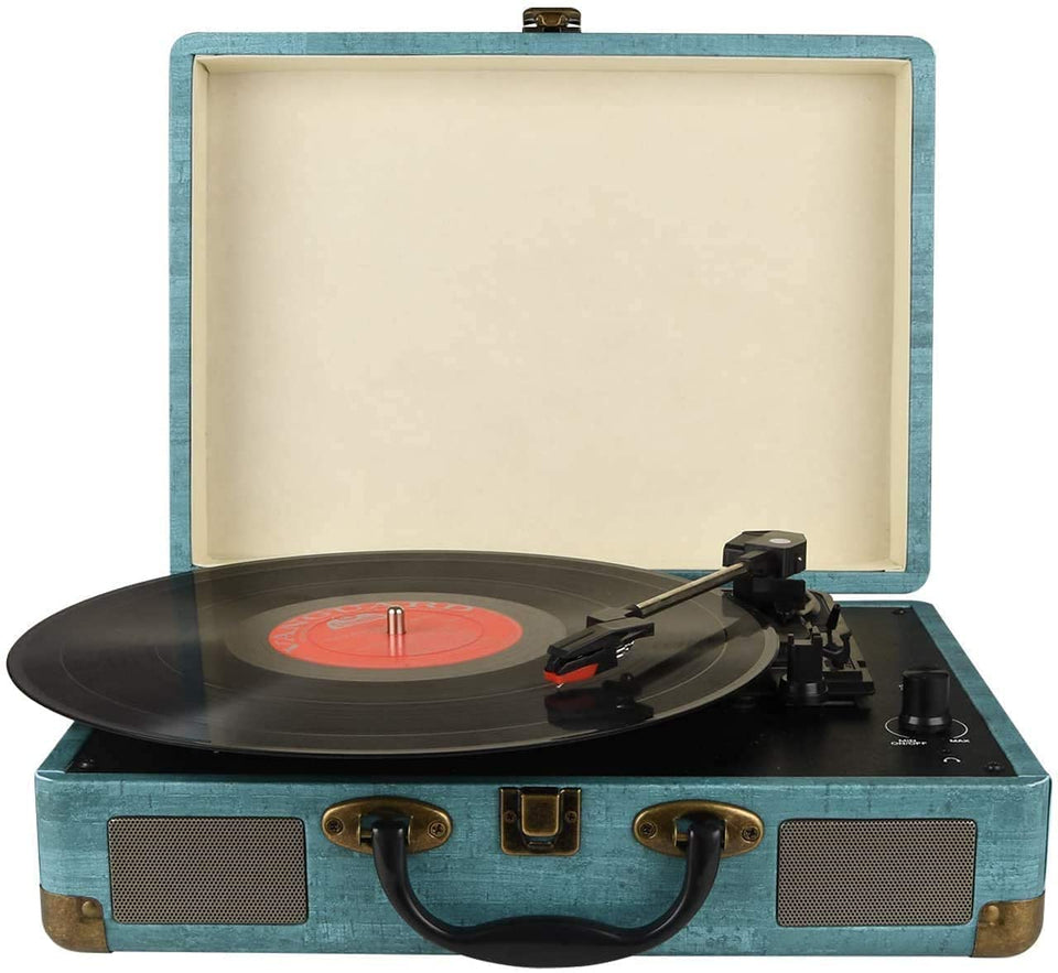 FEKTIK front view suitcase turntable showing vintage design and instant playback