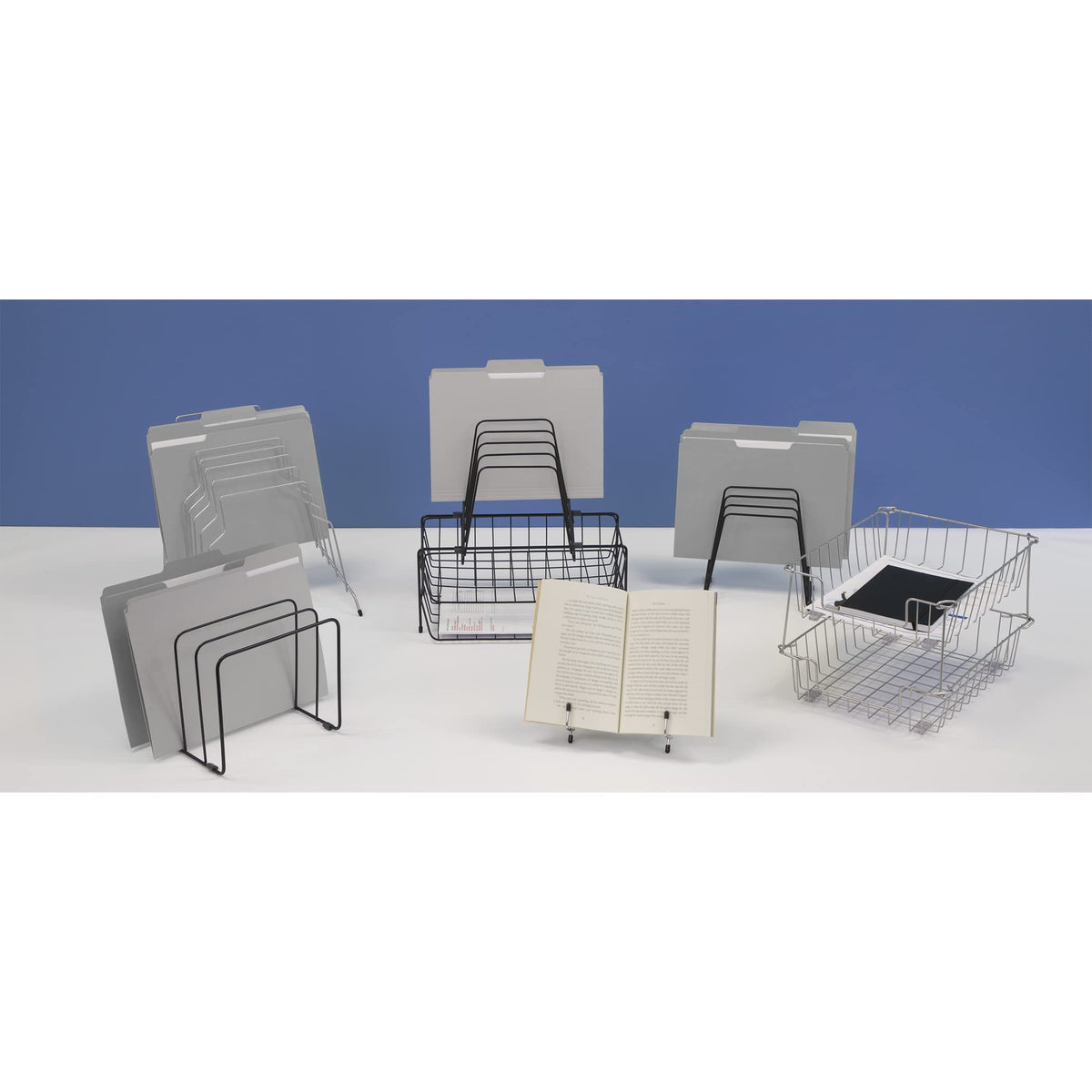 Fellowes organizer on desk with folders and magazines demonstrating quick access and tidy workspace