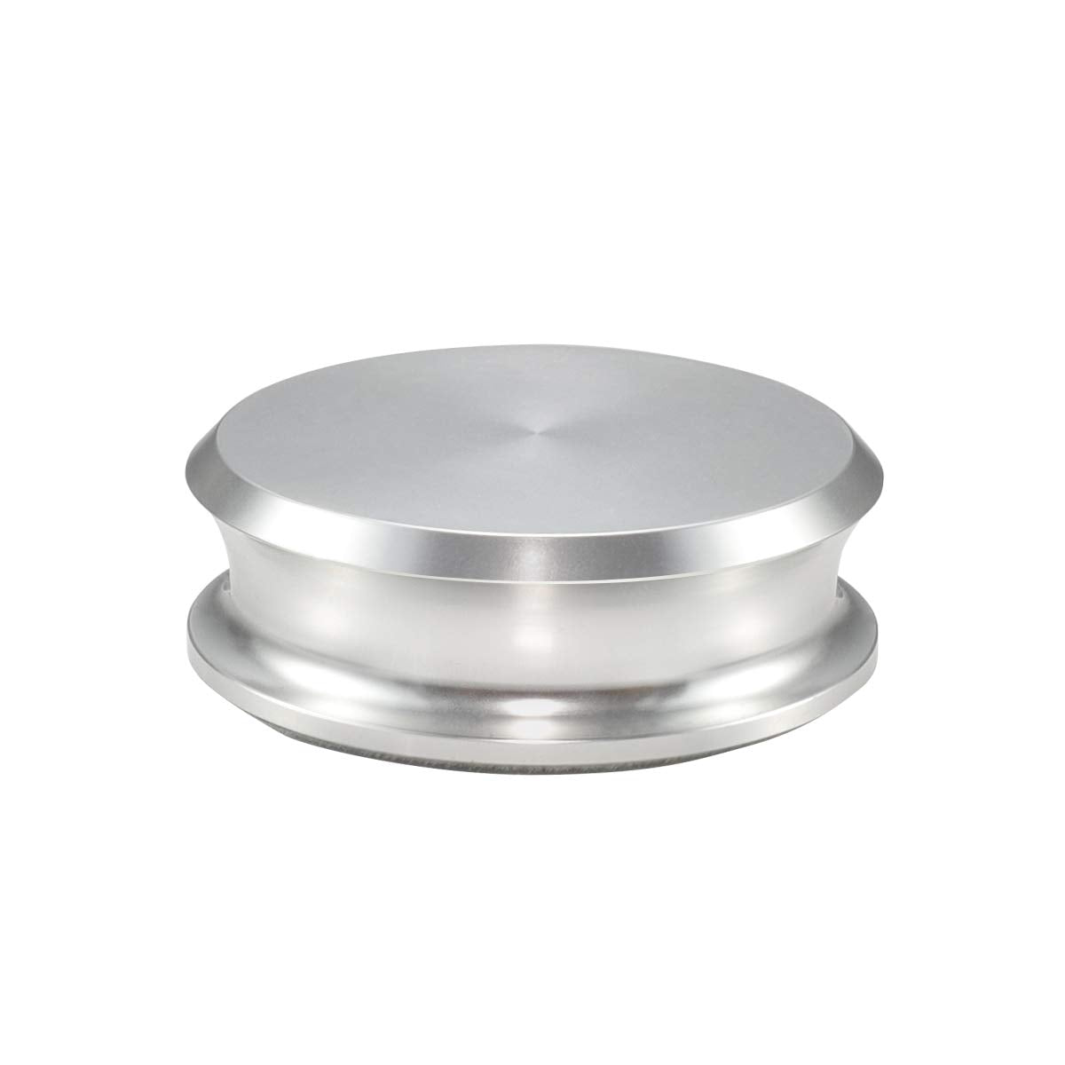 FEMELI record weight stabilizer under lid reduces vibration and protects vinyl labels.