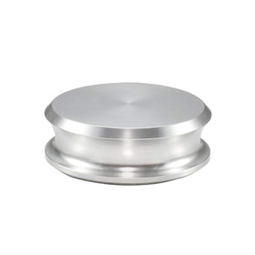 FEMELI record weight stabilizer under lid reduces vibration and protects vinyl labels.