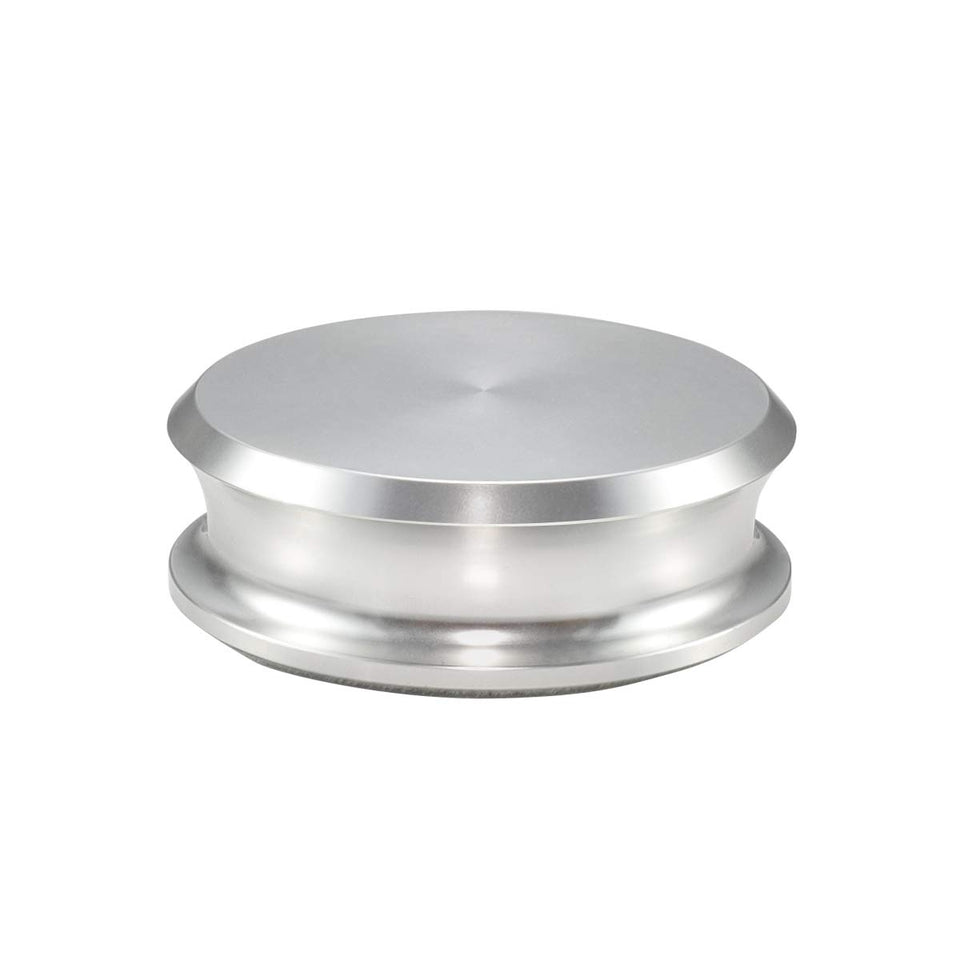 FEMELI record weight stabilizer under lid reduces vibration and protects vinyl labels.