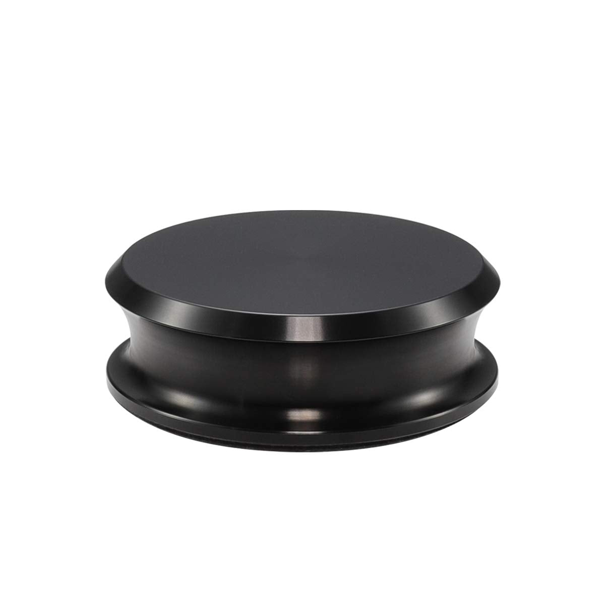 FEMELI record weight stabilizer under dust cover on a turntable for safer playback.