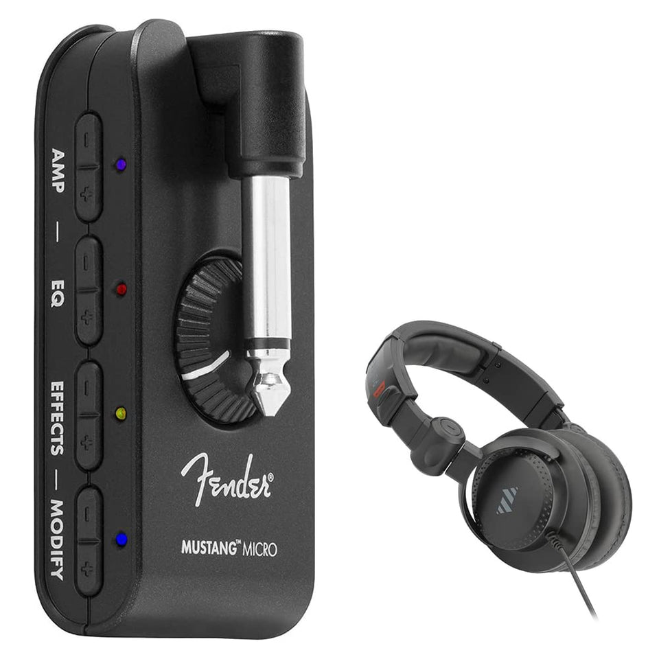 Fender Mustang Micro front panel view shows compact controls for on-the-go tones