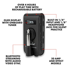 Fender Mustang Micro Plus amp models and effects interface enables diverse tones.