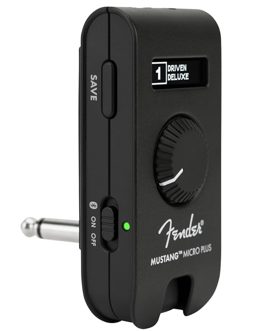 Fender Mustang Micro Plus front panel shows compact control layout for portable practice.