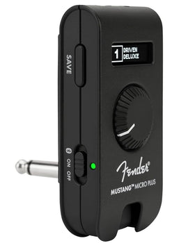 Fender Mustang Micro Plus front panel shows compact control layout for portable practice.