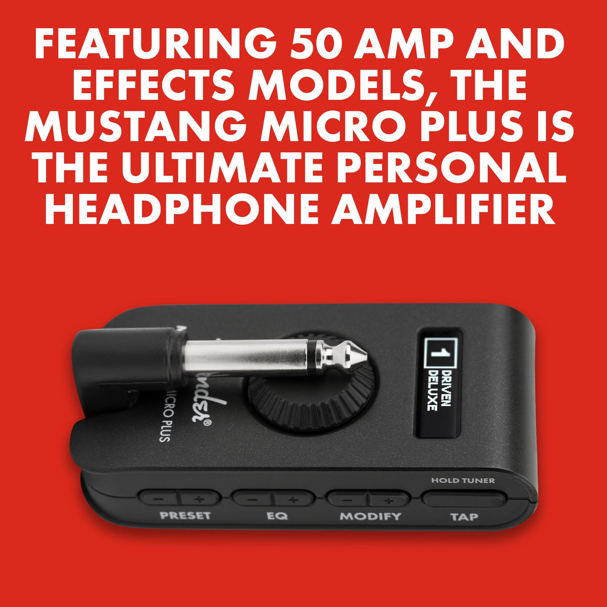 Fender Mustang Micro Plus tuner display helps accurate tuning on the go.