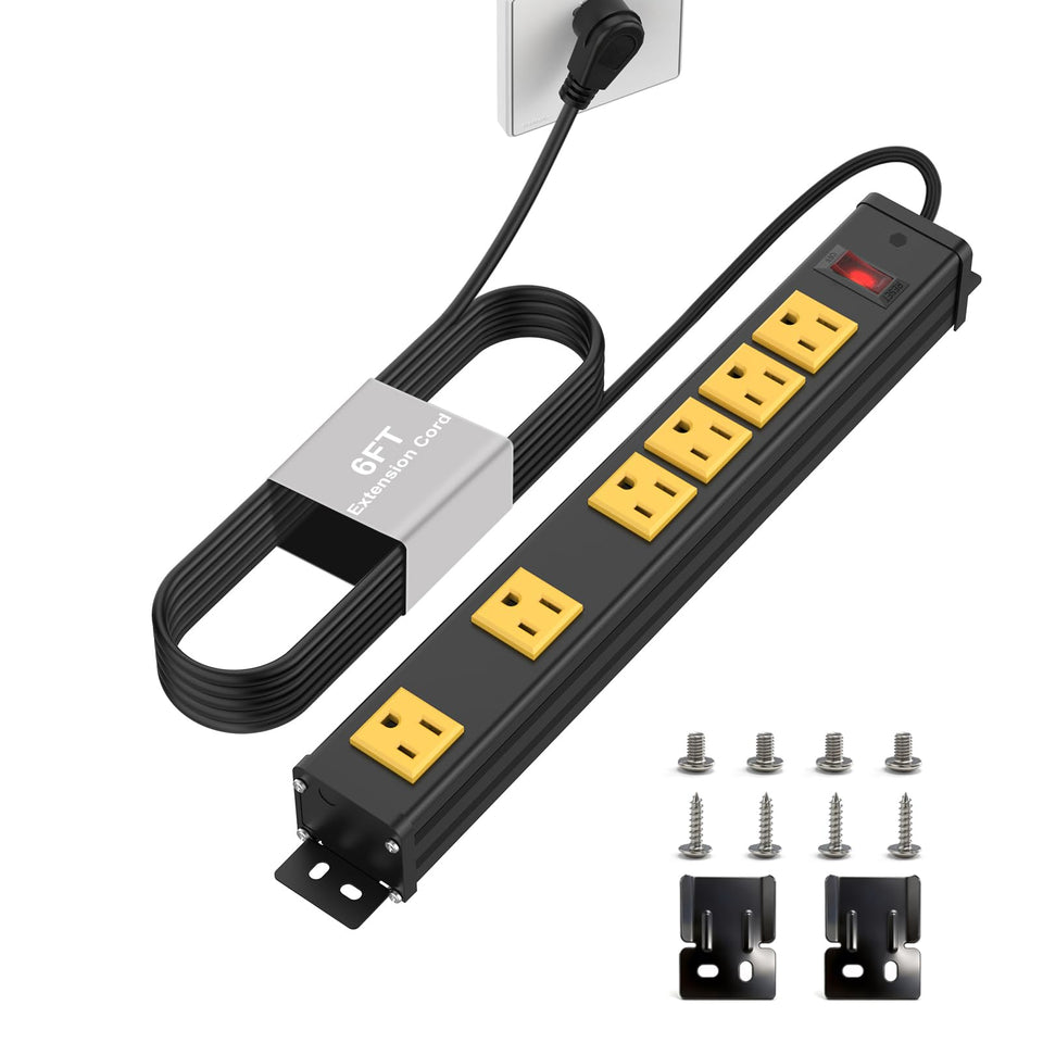 FenjiKronix 6-outlet wall-mount power strip overview for organized workspace.