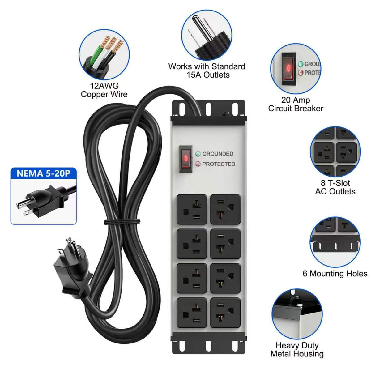FENJIKRONIX closeup of T-slot outlets accepting multiple plug types for flexibility