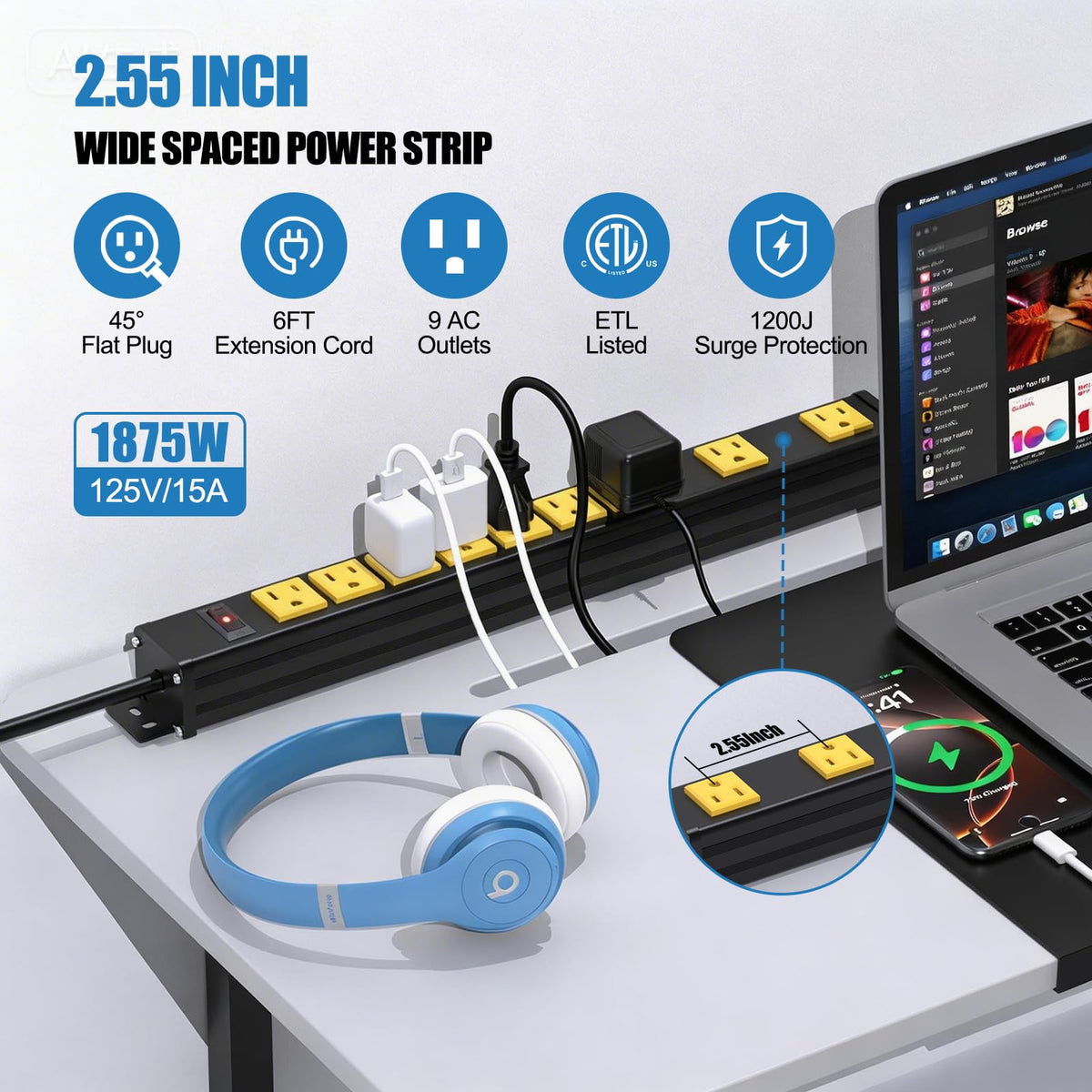 FENJIKRONIX extra-wide outlets show 2.55 inches apart for large adapters