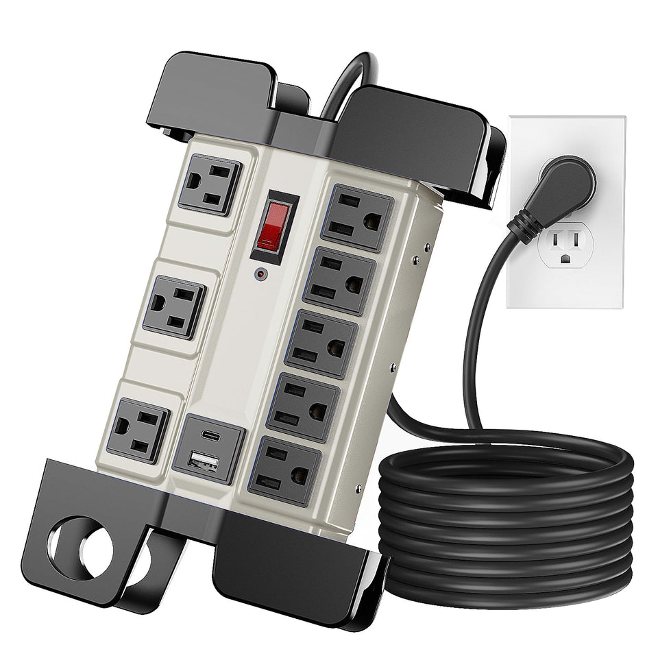FENJIKRONIX front view of 8-outlet metal surge protector showing durable housing and layout benefit