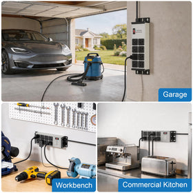 FENJIKRONIX installed on a garage bench powering multiple devices for convenience