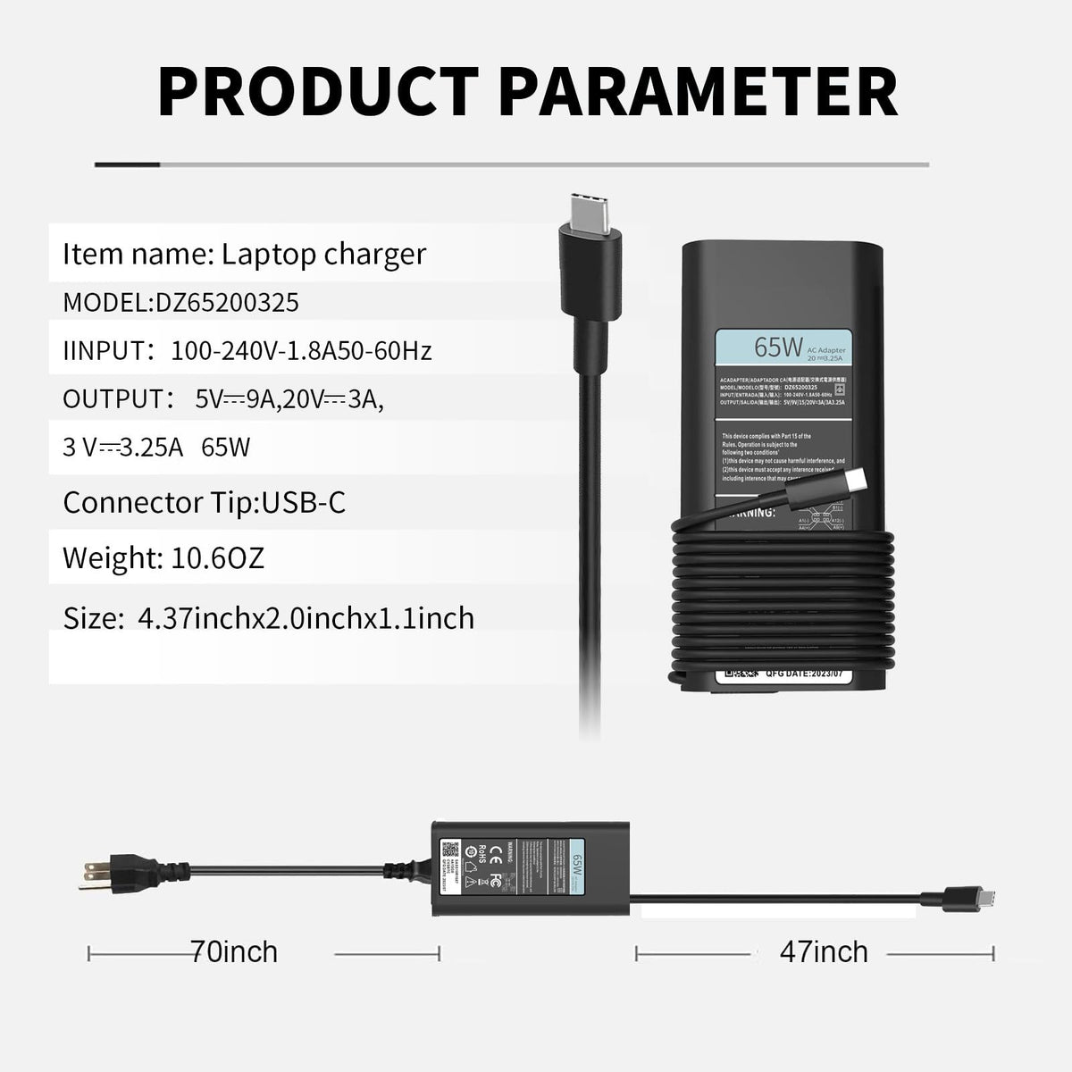 Fepprry charger plugged into wall with laptop beside it showing size and portability