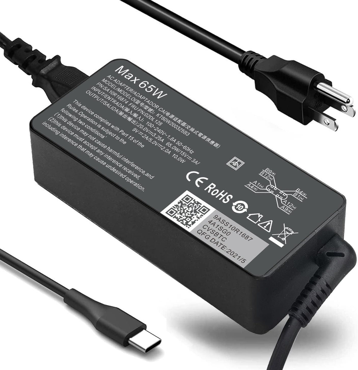 Fepprry 65W USB-C charger side view highlights ports for versatile use.