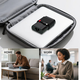 Fepprry Slim 65W USB-C charger with included cables, powering laptops and Chromebooks.