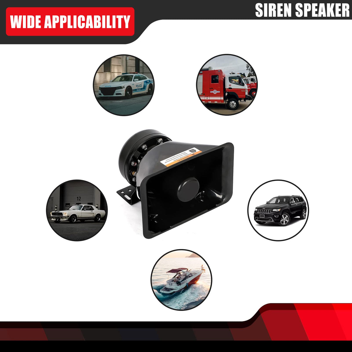 FEXON siren speaker in-vehicle installation, fits in cars, trucks, and emergency vehicles.