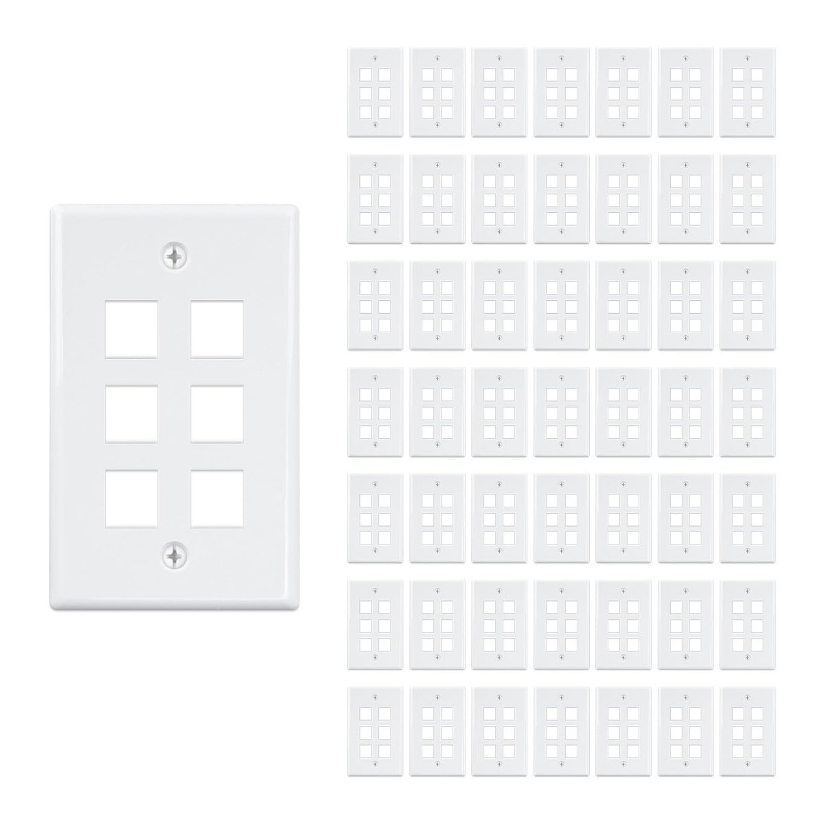 FGB front view of 6-port faceplate pack shows neat wall finish and easy customization