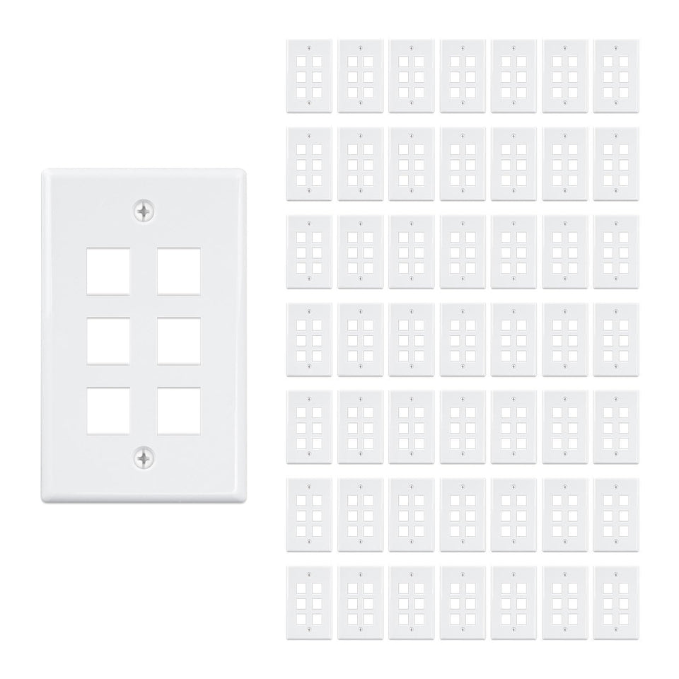 FGB front view of 6-port faceplate pack shows neat wall finish and easy customization