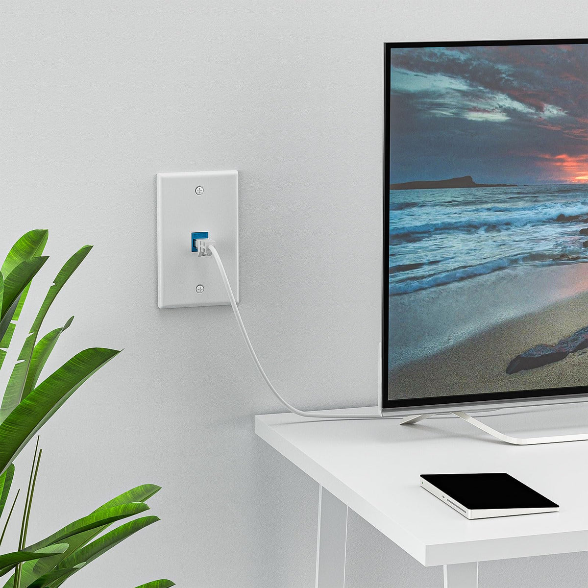 FGB low-profile single-gang wall plate white side view highlights clean flush installation.