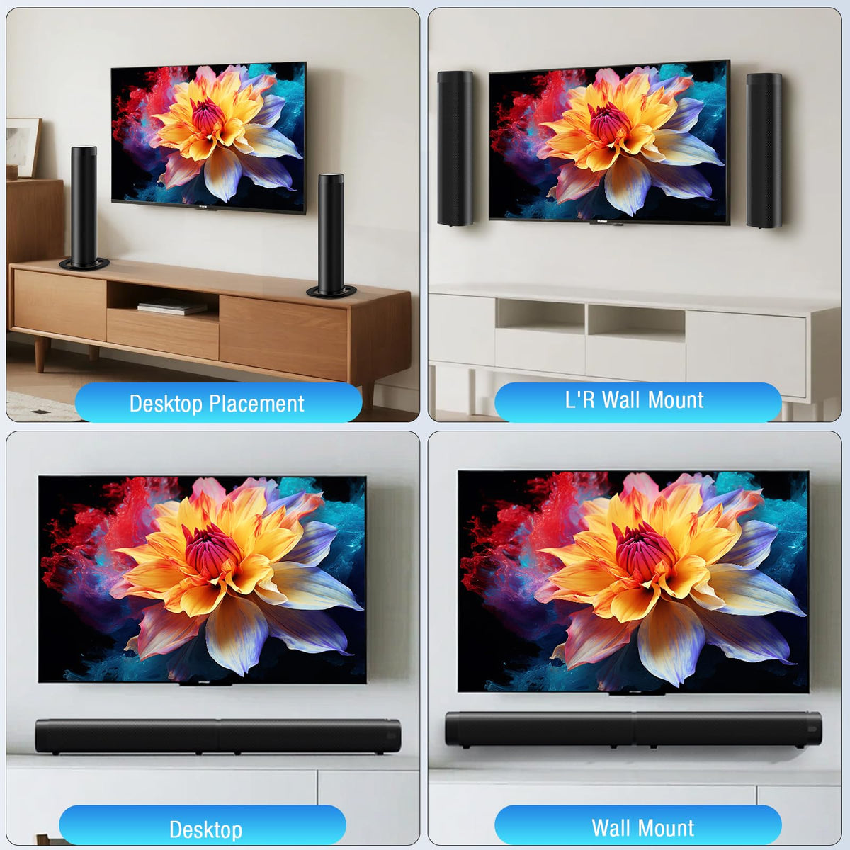 FHNFHN wall-mounted above TV creating space-saving, directed audio for living room