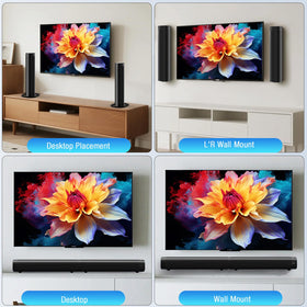 FHNFHN wall-mounted above TV creating space-saving, directed audio for living room