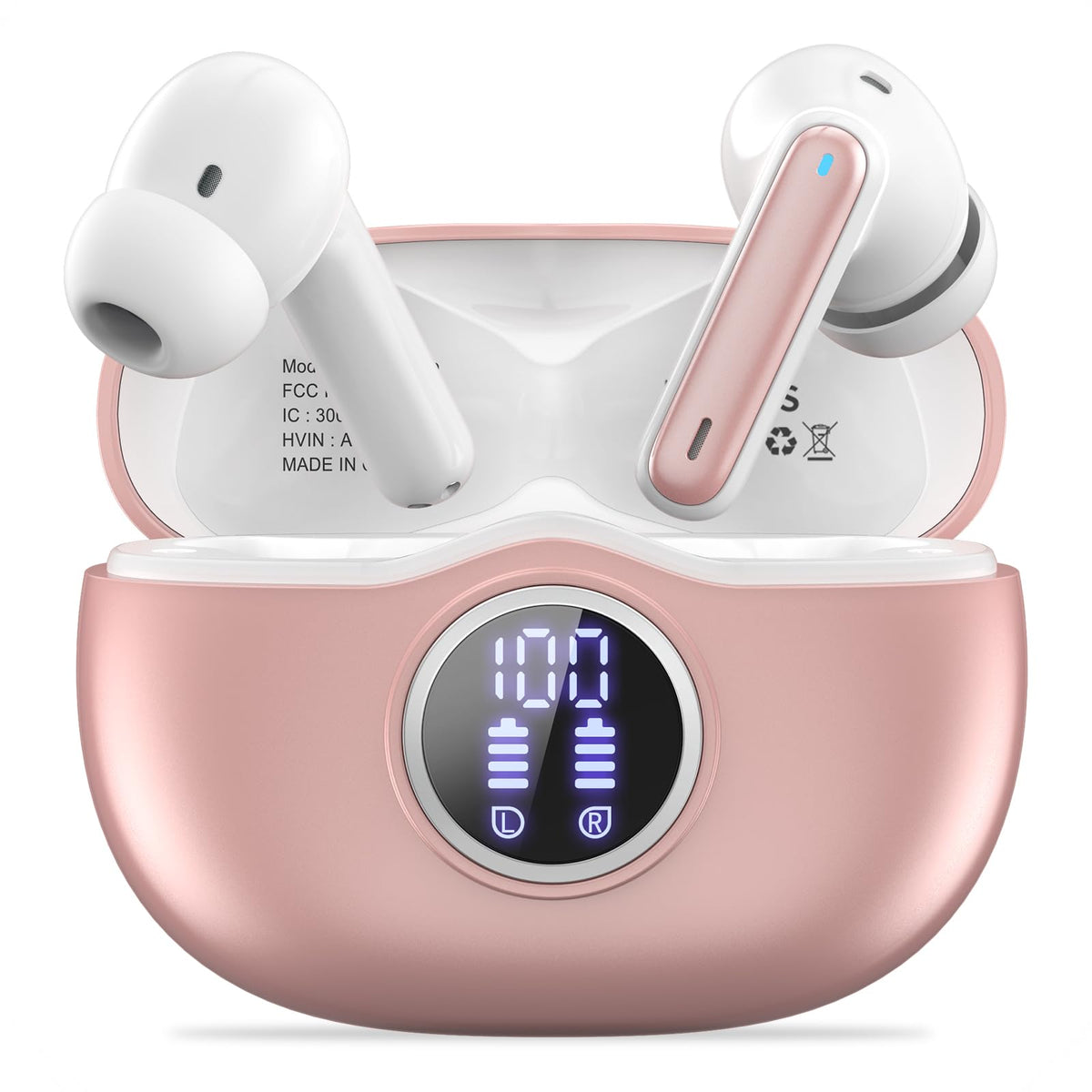 Fhumsh A10 Pro earbuds with LED display showing battery status for easy charging